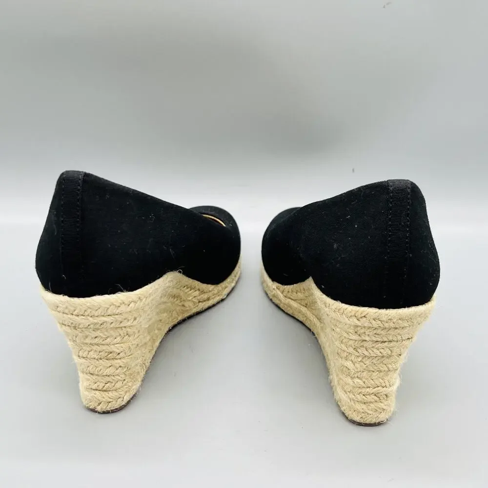 J Crew Shoes Womens 7.5 Black Cotton Espadrille Wedge Heels Round Toe Slip On